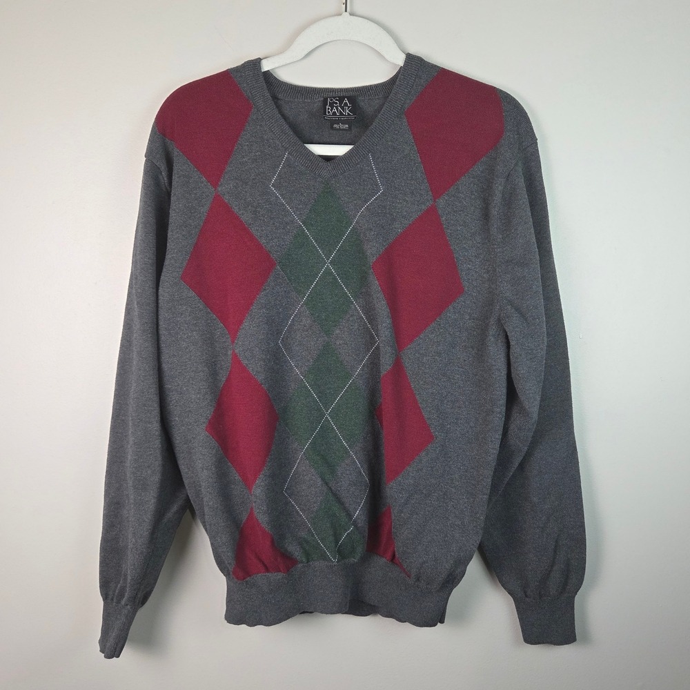Jos A Bank Argyle Sweater Mens L Gray Excellent V-Neck Cotton Knit Pullover